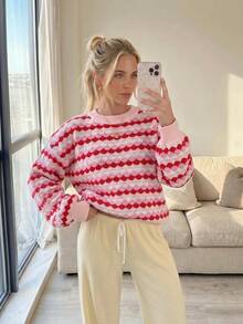 Women's Autumn/Winter Casual Pink Pullover Sweater, Colorblock Ribbed Knit Drop Shoulder Long Sleeve Top, Back To School Outfit Set Fall - Multicolor - View 2
