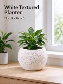 1pc Minimalist Moonscape Texture Round Planter, 13cm H * 17cm D Ceramic-Like Plastic Bonsai Pot, Indoor Desktop Flower Pot For Living Room Home Decor, Black/Beige/White - A - View 3