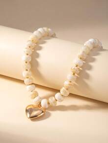 1pc Fashionable Exaggerated Colorful Resin Acrylic Handmade Beaded Heart-Shaped Pendant Collarbone Necklace For Women - White - View 2