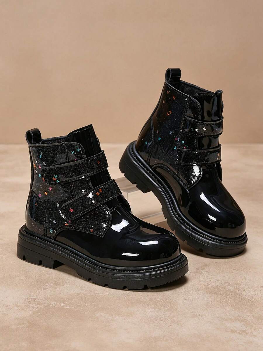 1 Pair Girls Black Boots, Shiny Colorful Star Pattern Decor, Hook-And-Loop Ankle Boots, Round Toe Non-Slip Thick Sole, Sweet Cool Princess Style, Suitable For Daily School, Festival, Party, Performance, Outdoor Wear, Autumn Winter New Arrival