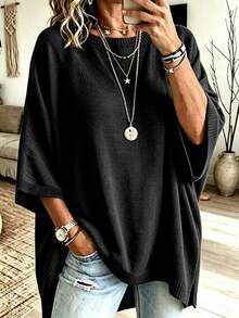 2026 Plus Size Women's Solid Color Round Neck Batwing Sleeve Loose Casual Sweater - Black - View 1