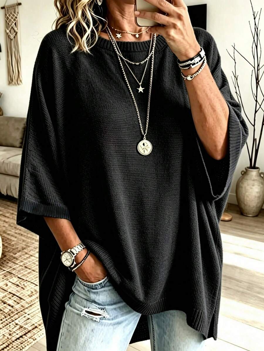 2026 Plus Size Women's Solid Color Round Neck Batwing Sleeve Loose Casual Sweater - Black - View 1