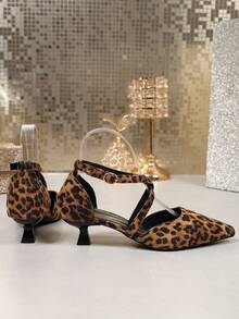 1 Pair Girl's Pointed Toe Stiletto Heel Closed Toe Sandals, Black Leopard Print Faux Suede Closed Toe, Stiletto Heel With Single Strap Buckle Design, American Retro High Heel Sandals, Suitable For Daily Casual, Dining, Spring/Autumn New Style - Brown - View 4
