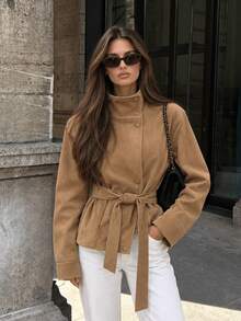 GDDYIN Women's Suede Belted Jacket With Trumpet Collar, Button Front Design, Long Sleeve Regular Length, Suitable For Autumn/Winter Wear - Khaki - View 1