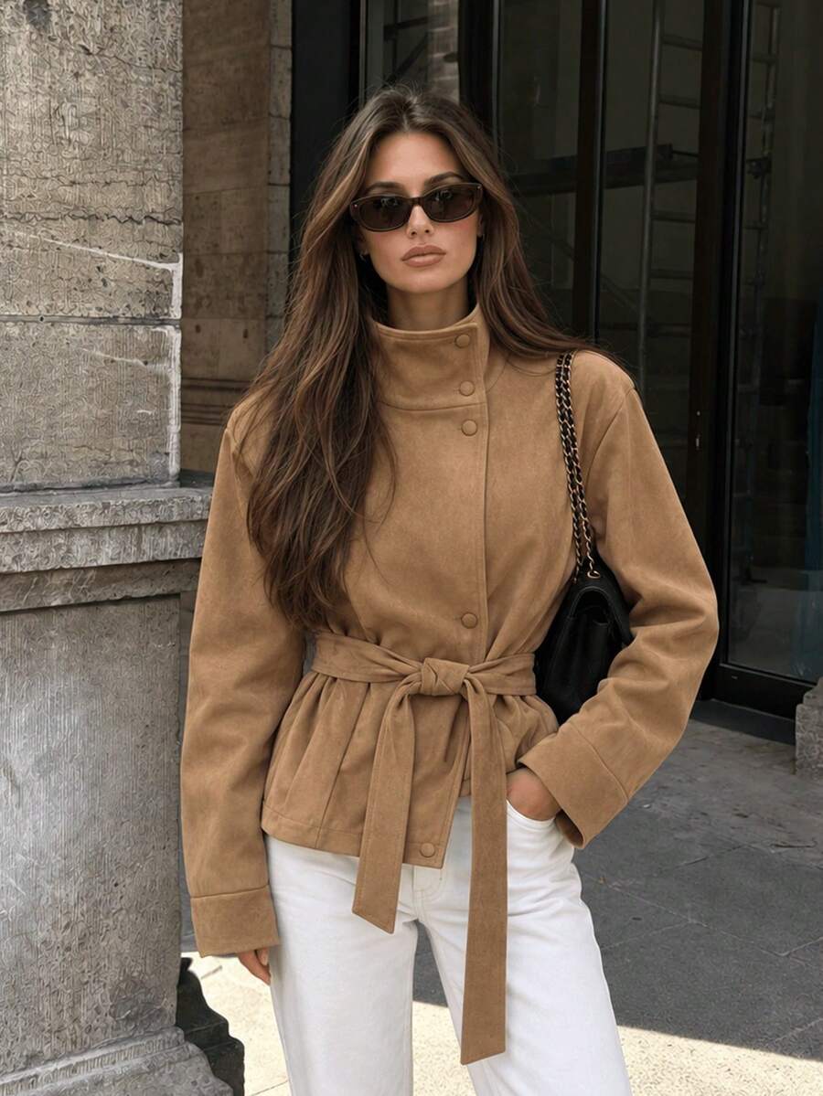 GDDYIN Women's Suede Belted Jacket With Trumpet Collar, Button Front Design, Long Sleeve Regular Length, Suitable For Autumn/Winter Wear - Khaki - View 1