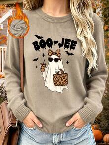 Women's Plus-Size "Boo-Jee" Ghost Print Crew Neck Long-Sleeve Faux-Knit Sweater – Casual, Versatile, And Festive For Fall/Winter;Halloween Graphic Top - Camel - View 6