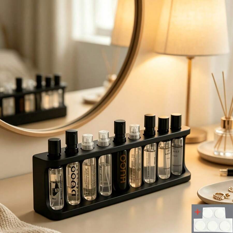 Portable Perfume Sample Bottle Display Rack + 5 Glue Dots, 9-Hole (1.2cm Diameter) Travel Spray Bottle Storage Box, Minimalist Essential Oil Test Tube Storage Rack, Suitable For Vanity Bathroom Countertop Decoration - Multicolor - View 1