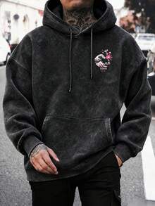 Men's Black Washed Tokyo Mount & Cherry Blossom Hoodie, Ukiyo-E Japanese Style Loose Fit Pullover Sweatshirt - Black - View 3