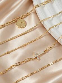 5pcs Exquisite Cubic Zirconia Cross Charm Bracelet Set, Multi-Layer Stackable, Suitable For Women's Daily Wear And Dating - Yellow Gold - View 5