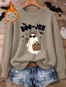 Women's Plus-Size "Boo-Jee" Ghost Print Crew Neck Long-Sleeve Faux-Knit Sweater – Casual, Versatile, And Festive For Fall/Winter;Halloween Graphic Top - Camel - View 3