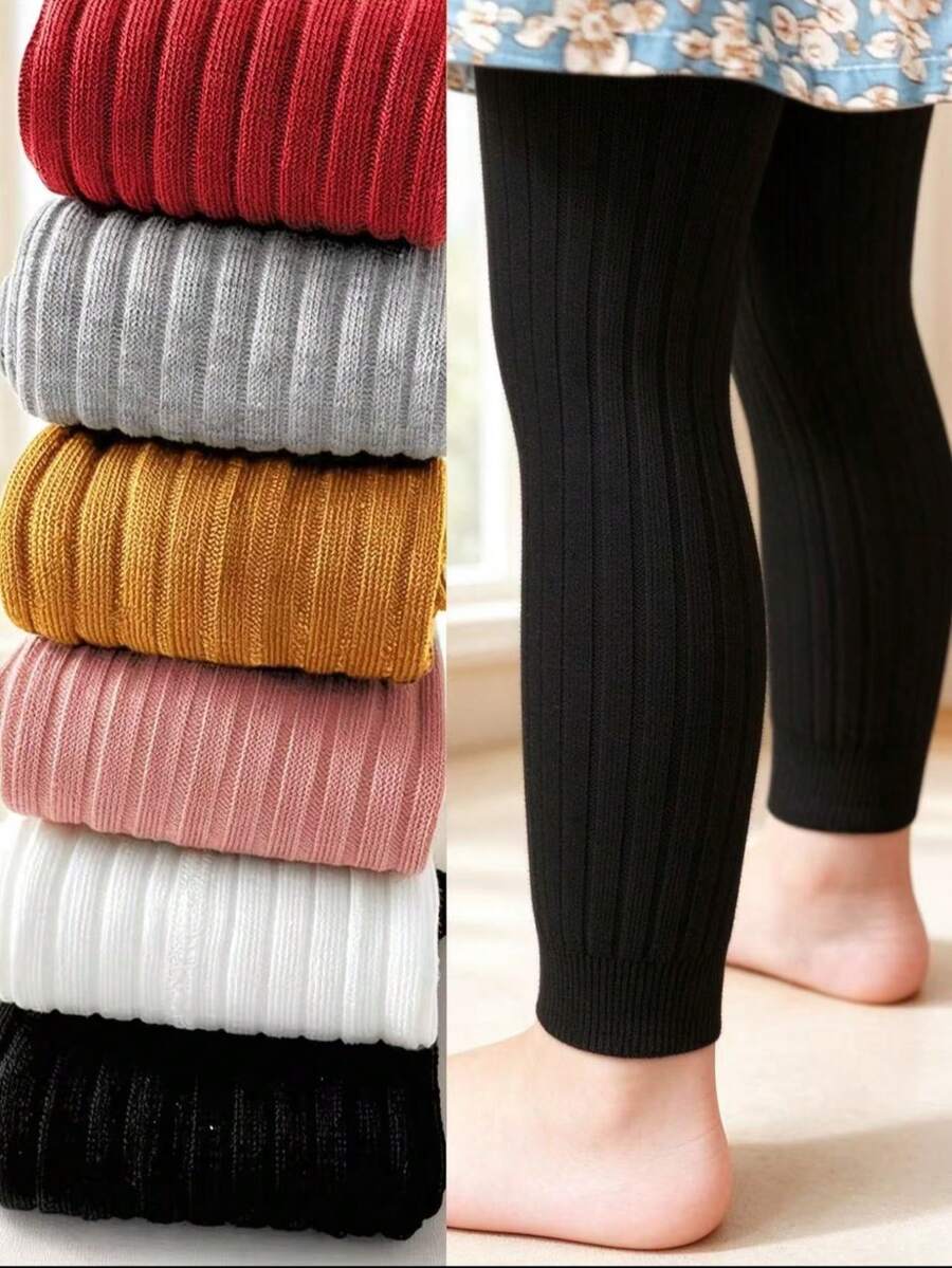 1pc Kids Fashion Autumn/Winter Warm Fitted Leggings, Knitted Fabric Solid Color Ribbed Cropped Length Pants For Dance Practice, Suitable For Girls And Infants