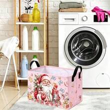 1pc Pink Christmas Santa Print Foldable Rectangular Fabric Storage Basket With Handles, Sturdy Clothes Organizer For Bedroom Closet Storage Bin, Collapsible Laundry Hamper, Space Saving Holiday Home Decor, Portable Utility Storage Tote - Multicolor - View 5