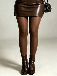 1 Pair Plus Size Brown Opaque Tights, Fashionable Sexy Elegant, Suitable For Women's Daily Commute, Party, Spring And Autumn Seasons - Coffee Brown - View 6