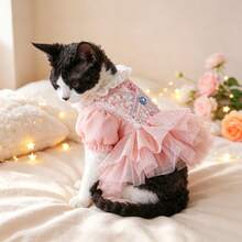 5pcs Sweet Glitter Mesh Pet Dress, Ruffle Collar Petal Sleeve Mesh Cake Skirt, Cute Atmosphere Outfit For Kittens And Puppies - Multicolor - View 1