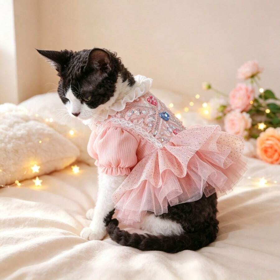 5pcs Sweet Glitter Mesh Pet Dress, Ruffle Collar Petal Sleeve Mesh Cake Skirt, Cute Atmosphere Outfit For Kittens And Puppies - Multicolor - View 1