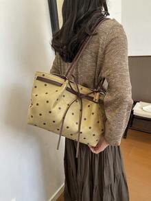Polka Dot Bow Decor Suede Tote Bag, Large Capacity Daily Commute Shoulder Bag - Khaki - View 3