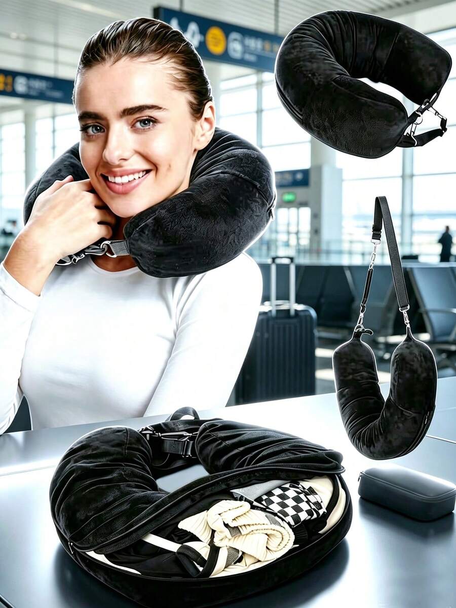 1pc Multi-Functional Adjustable U-Shaped Travel Neck Pillow, Wide & Comfortable Design With Convenient Zipper, Portable Travel Rest Accessory, Suitable For Airplane, Car, Train, Office, Long-Distance Travel, Travel Essential, Cruise Essential, Travel Storage Bag