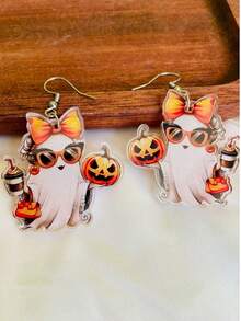 1pc 2D Orange Bow Acrylic Pendant Earrings, 2D Flat Design, Stainless Steel Ear Hooks, Suitable For Daily Wear And Parties, Perfect For Anniversary, Thanksgiving, Halloween, Christmas And Other Occasions - Earrings - View 11