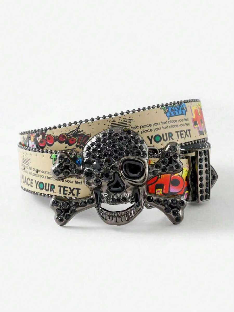 1pc Unisex Multi-Color Large Skull Punk Black Rhinestone Belt, Rhinestone Soldier Belt, Western Cowboy Y2K Fashion Belt, Hip Hop Graffiti - Multicolor - View 1