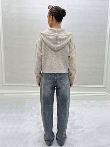Women's Hooded Drawstring Pocket Long Sleeve Knit Cardigan - Oat - View 4