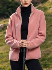 Autumn/Winter Thickened Warm Coral Fleece Jacket, Outdoor Sports Running Workout Fleece Jacket, Stand Collar Fleece Jacket - Watermelon Pink - View 2