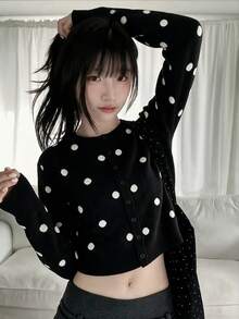 Japanese Style Polka Dot Black Knit Cardigan, Autumn/Winter - Black - View 4