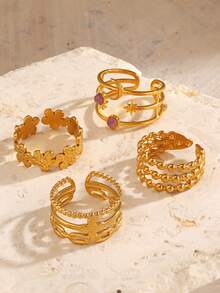 4pcs/Set Stainless Steel 18K Gold Plated Star, Sunflower Flower Open Rings, Suitable For Women's Daily Wear - Multicolor - View 6