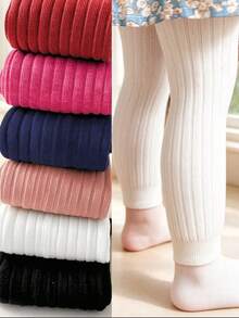 1pc Kids Fashion Autumn/Winter Warm Fitted Leggings, Knitted Fabric Solid Color Ribbed Cropped Length Dance Practice Pants, Suitable For Girls And Babies - White - View 13