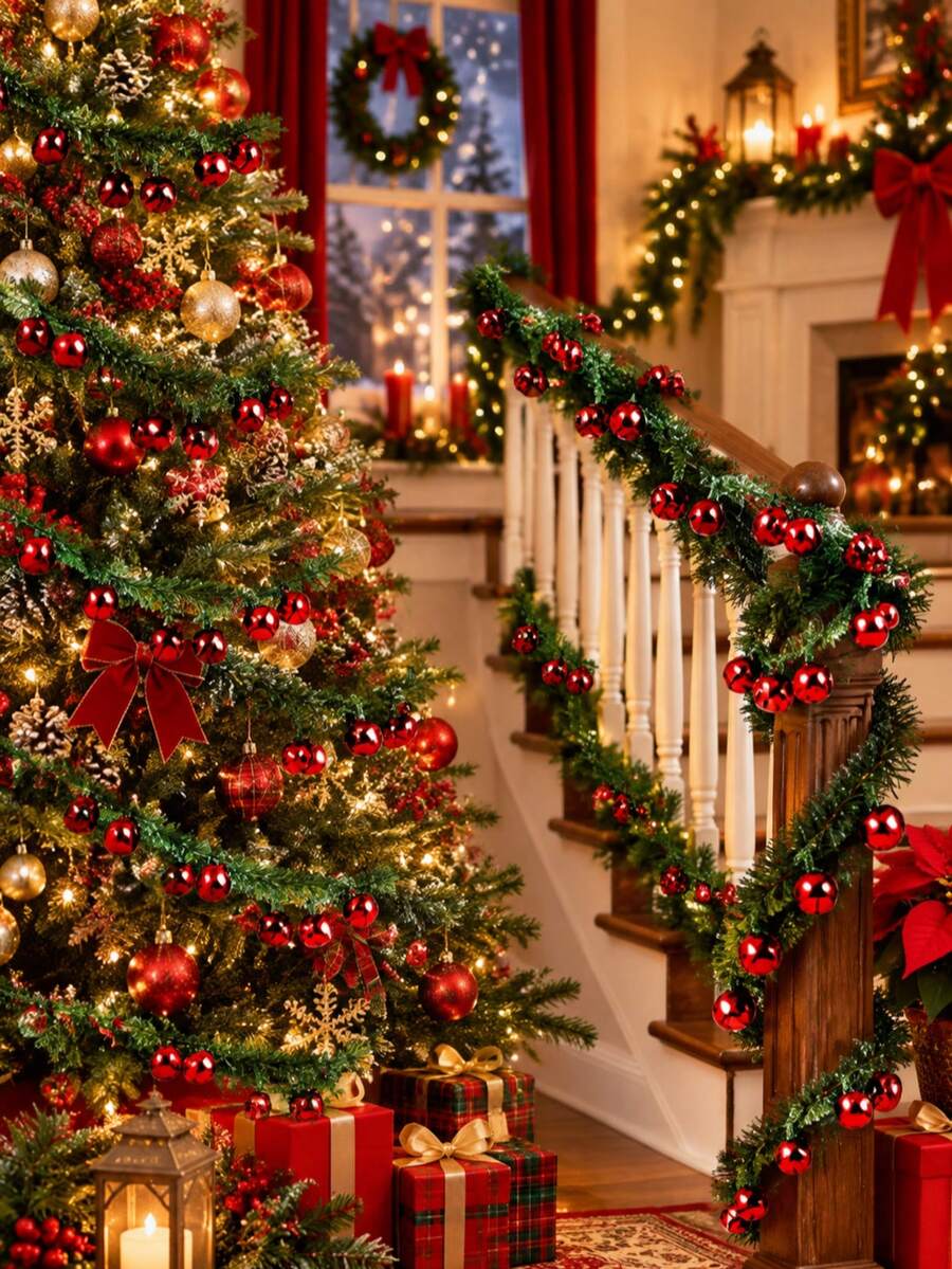 5pcs Christmas Decoration Hand-Woven Green Bell Garland Rope With Red Bells, Flexible, Suitable For Tree, Stair Railing, Fireplace Mantel, Doorway Decoration, Home Party DIY Holiday Decor, Festive Atmosphere Accent - Multiple Styles - View 1