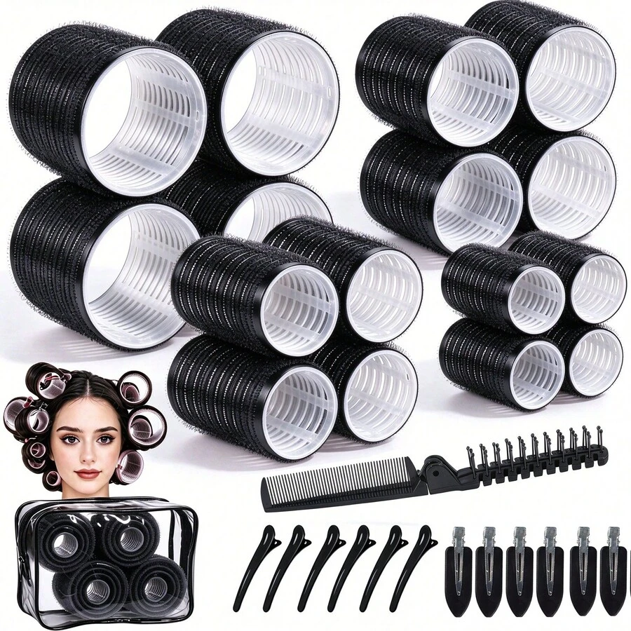 Self-Grip Rollers Kit With 16Rollers And 12Clips, Salon Quality Curlers For Diy Hairstyling, Heatless Rollers