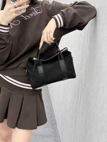 1件秋冬新款復古大容量手提包，歐美極簡風單肩斜挎包，女款休閒包 - 黑色 - 查看 5