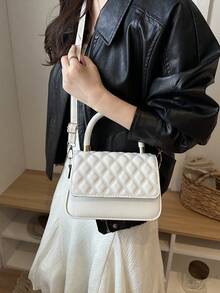 Solid Color Quilted Minimalist Fashion PU Designer Elegant Handbag With Geometric Pattern - Beige - View 4