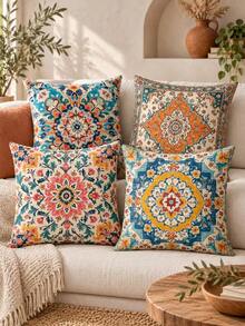 shangxia 4PCS--Vintage Bohemian Mandala Print Pillow Covers, Exotic Carpet Texture Throw Pillow Covers, Living Room Sofa Decorative Cushions (Pillow Inserts Not Included) - (Multiple Sizes) - Multicolor - View 6