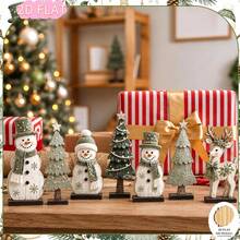 7pcs Wooden Snowman Tree Deer Desktop Decor Set, Sage Green, Rustic Christmas Tiered Display, Home Bedroom Entryway Bookshelf Holiday Party Scene Decoration - Holiday Decoration - View 6