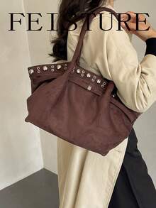 FEISTURE 1pc Rivet Embellished Women's Fan-Shaped Tote Bag, Suede Material Large Capacity Shoulder Bag, Suitable For Girls, Women, College Students, New Professionals And White-Collar Workers, Perfect For Work, Business, Commute, School - Coffee - View 5