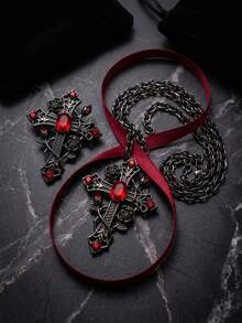 2PCS Dark Gothic Rose Vine Cross Pendant Necklace & Brooch Set For Women Vampire Core Ruby Red Rhinestone Filigree Jewelry Y2K Alt Accessories - Black - View 7