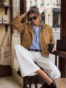 Women Fall Fashion Casual Vintage Camel Suede Stand Collar Long Sleeve Jacket For Office Work Going Out Vacation - Brown Wood - View 4