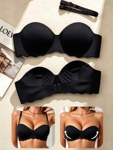 Women's Seamless Bandeau Bra, Push-Up Bra With Detachable Straps, Non-Slip Wireless Invisible Bra, Suitable For Wedding And Party - Black - View 9