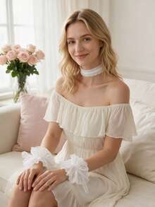 1/2/3Pcs Vintage Lace Ruffled Multi‑Layer Detachable Collar, White Victorian Edwardian White Costume Collar Necklace Bracelet For Wedding Bridal - White - View 6