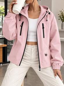 Women Pink Hooded Outdoor Jacket Zipper Pockets Full Zip Adjustable Cuffs Drawstring Hood Casual Hiking Coat - Pink - View 8