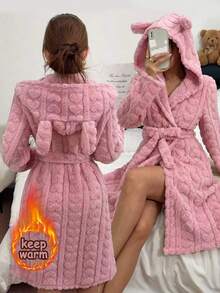 Autumn/Winter Girls' Rabbit Ear Hooded Bathrobe, Gentle Light Pink Heart Jacquard Texture With Outstanding Quality. Long Sleeve Open Front Wrap Design With Waist Tie For Easy Shaping, Fluffy Fleece Fabric For Warmth And Softness Without Pressure. Loose Mid-Length Cut For Comfortable And Relaxed Fit, Perfect For Home And Morning Wear, Cute And Healing - Pink - View 1