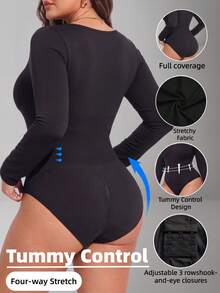 1pc Plus Size Long Sleeve Inner Shirt, Autumn/Winter Warm Base Layer, Seamless Knit Shaping Underwear, Tallas Grandes - Black - View 2
