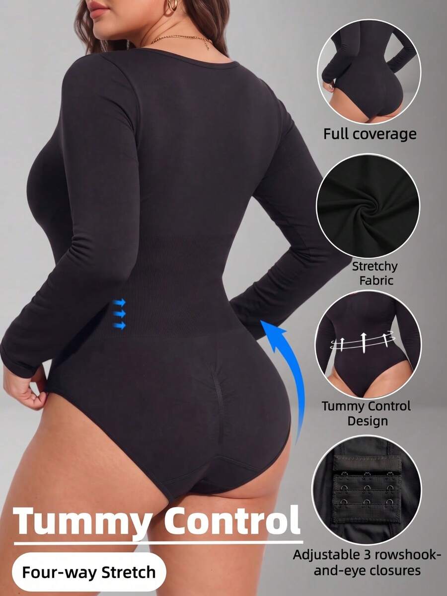 1pc Plus Size Long Sleeve Inner Shirt, Autumn/Winter Warm Base Layer, Seamless Knit Shaping Underwear, Tallas Grandes - Black - View 1