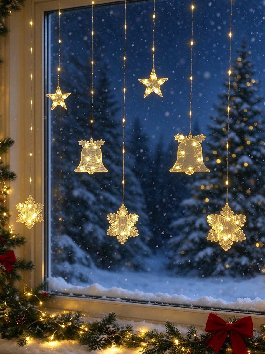 1pc 2m Battery Powered Christmas Snowflake Bell Curtain String Lights, Christmas Home Decor Star String Lights, Bedroom Wall Decor Bell String Lights, Christmas Tree Decoration Lights - Clear Snow + Bell - View 1