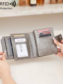 MIYIN Fashion Retro Small Compact Women Wallet RFID Blocking PU Bifold Purse With Zipper Coin Pocket Detachable ID Window,Multifunctional Daily Short Wallet - Grey - View 3