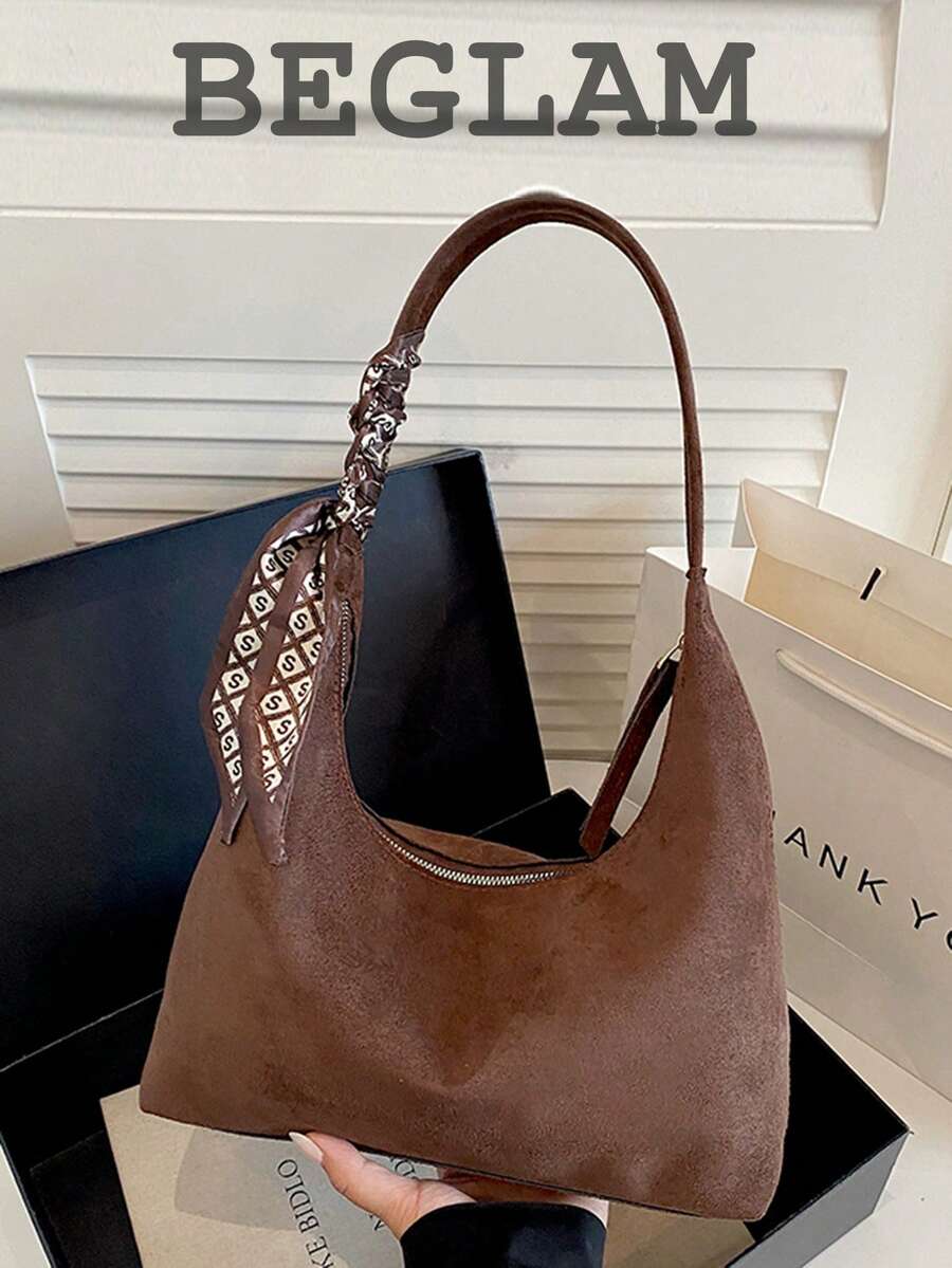 Fashionable Retro Solid Color Crescent-Shaped One Shoulder Bohemian Bag With Scarf Decoration, Suitable For Women's Shopping, Dating, Gifting And Daily Use - Coffee - View 1