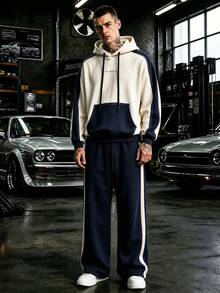 American Style Colorblock Letter Hoodie Sweatshirt Set, Navy Blue Side Stripe Straight Leg Sweatpants 2 Pieces Set - White - View 2
