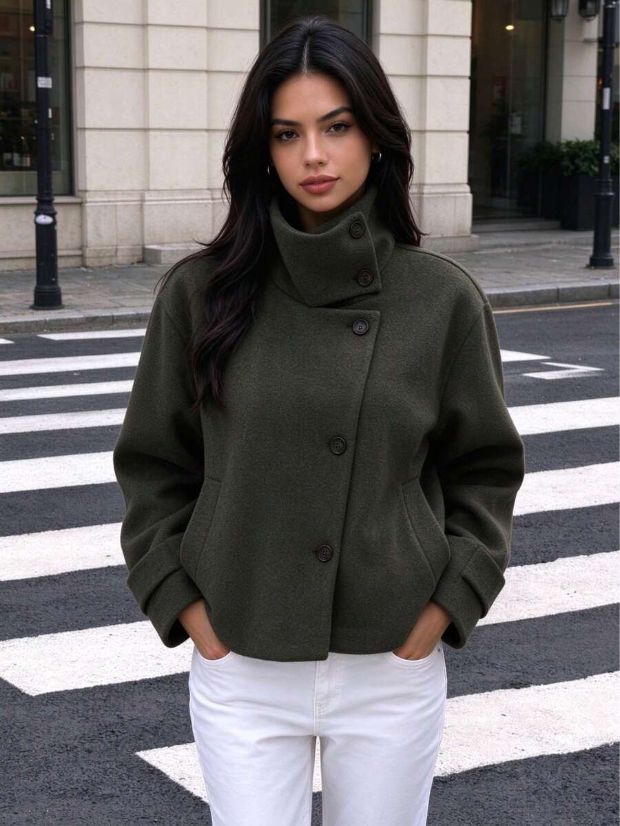 DEEKA Autumn/Winter New Women's European & American Style Fashion Minimalist Versatile Stand Collar Jacket - Green - View 1
