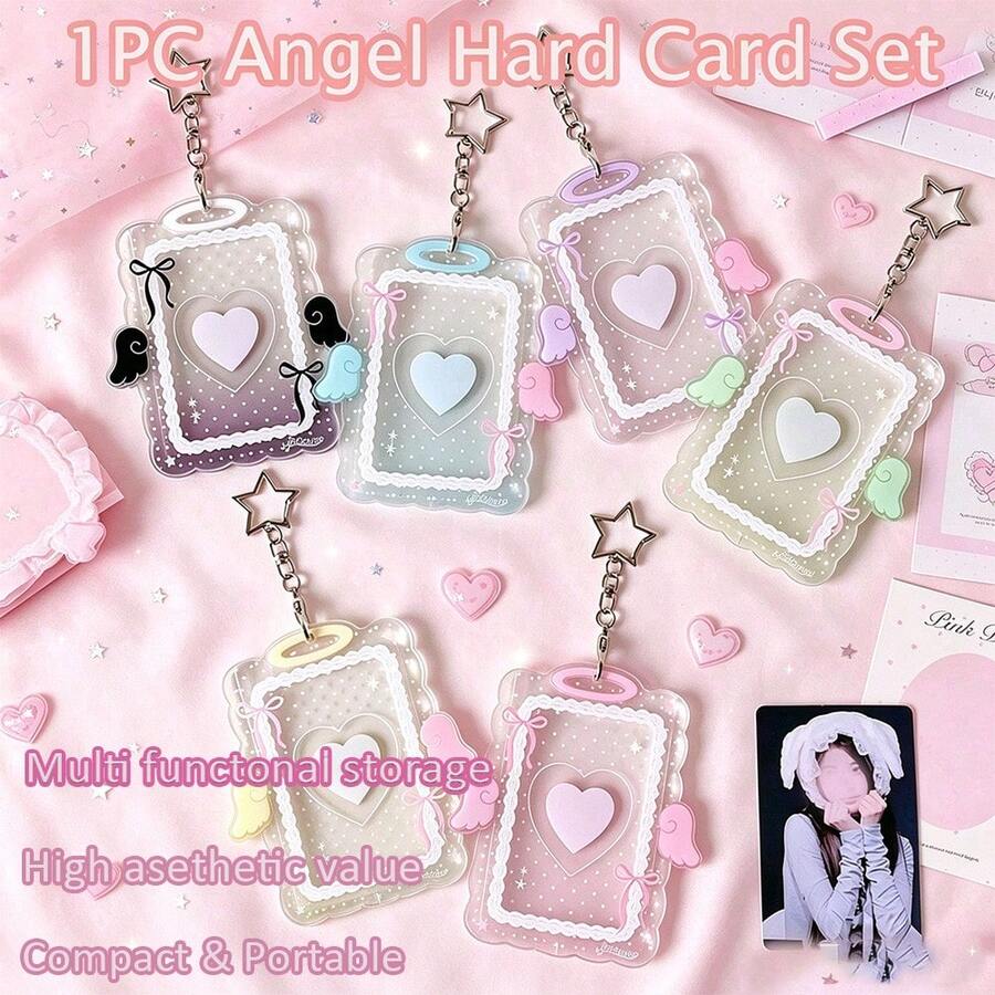 Angel Hard Card Holder Set, Heart-Shaped Transparent Protective Case, Bag Charm, High Aesthetic Value, Multi-Function Storage, Compact And Portable, Suitable For Student ID, Meal Card, Bus, Subway Card And Access Card - Card Sleeve - View 1