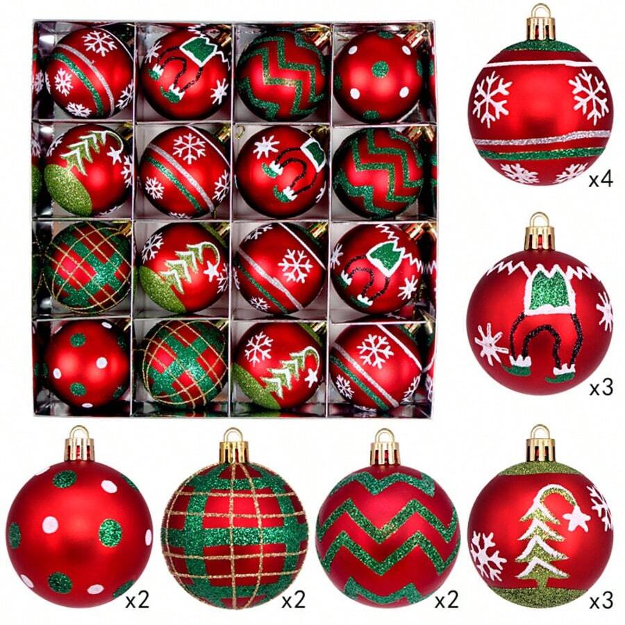 The Grinch 16Pcs Christmas Ball Ornaments Set, Red & Green Glitter Printed Baubles, Xmas Tree Hanging Decor Balls For Holiday Home Party Decoration - Multiple Styles - View 1